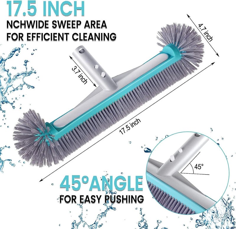 Unipool Swimming Pool Brush Head with Round Ends，17.5" Heavy Duty Aluminum Back Head for Cleans Walls, Tiles & Floors, 7 Rows Premium Nylon Bristles with EZ Clips (Blue Grey) - Image 2